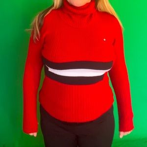 Size M/S Red Sweater w Stripes Soft, 100% Wool, Long Sleeve, High Neck